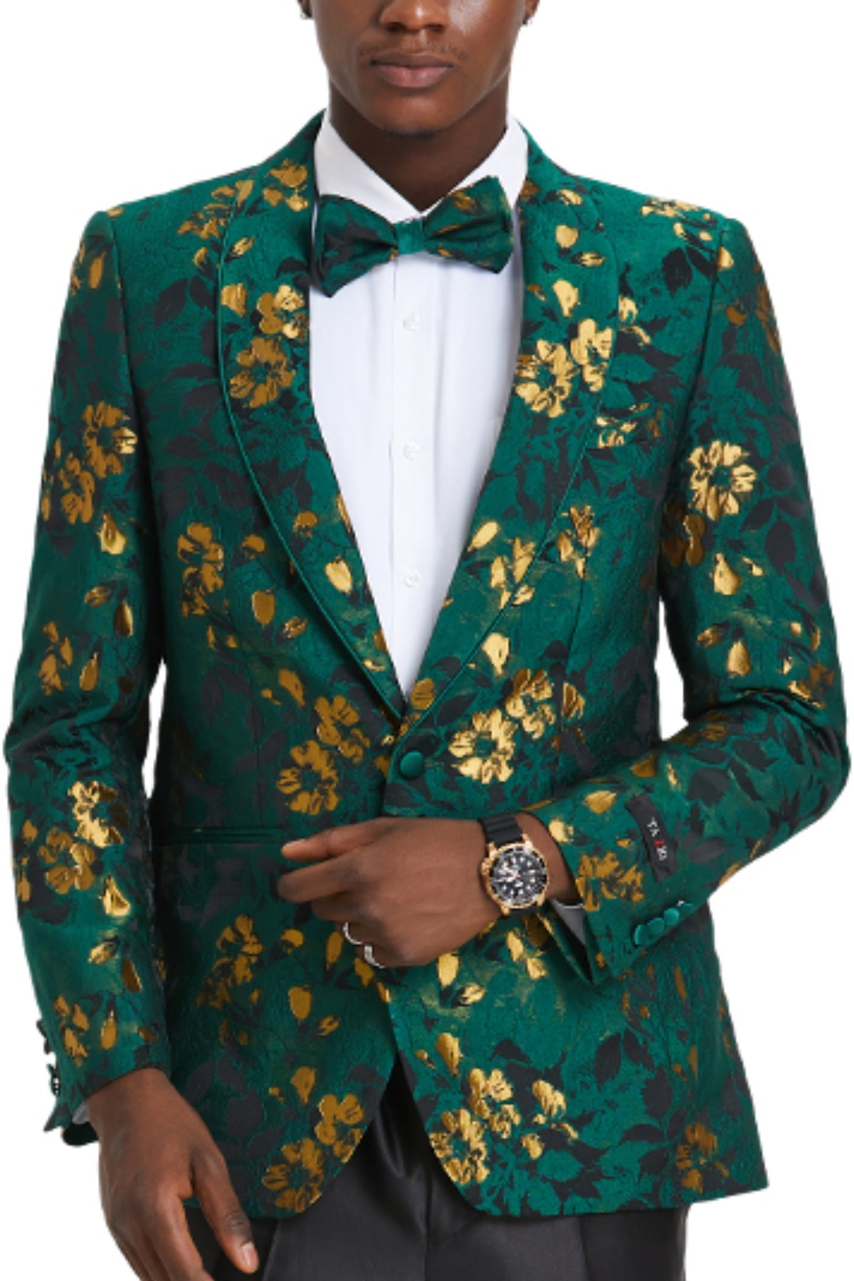 KCT Menswear's Emerald Green & Gold Floral Prom Blazer and Matching Bowtie - Elegant Formalwear for Prom 2023