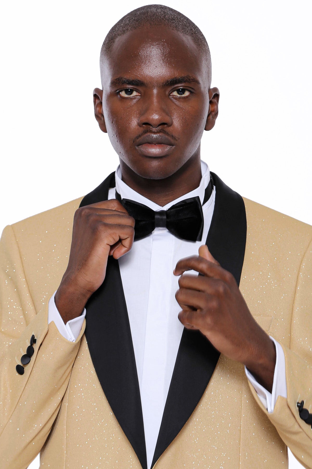KCT Menswear - Men's Gold Sparkle Prom Blazer with Peak Black Satin Lapel 