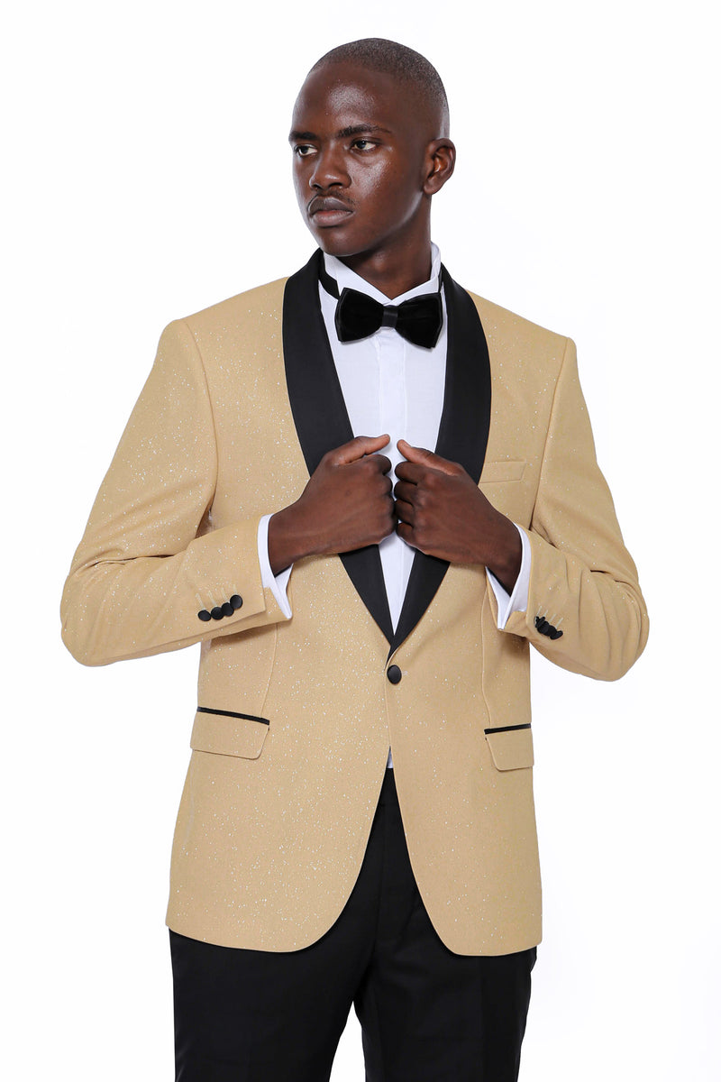 KCT Menswear - Men's Gold Sparkle Prom Blazer with Peak Black Satin Lapel 