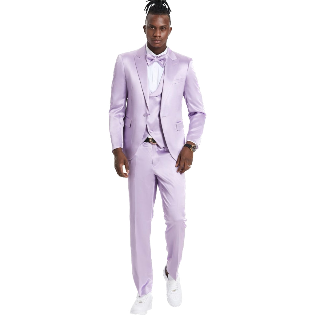  KCT Menswear Shiny Lavender Satan Suit - Jacket, Vest, and Pants. Perfect for Proms and Weddings.
