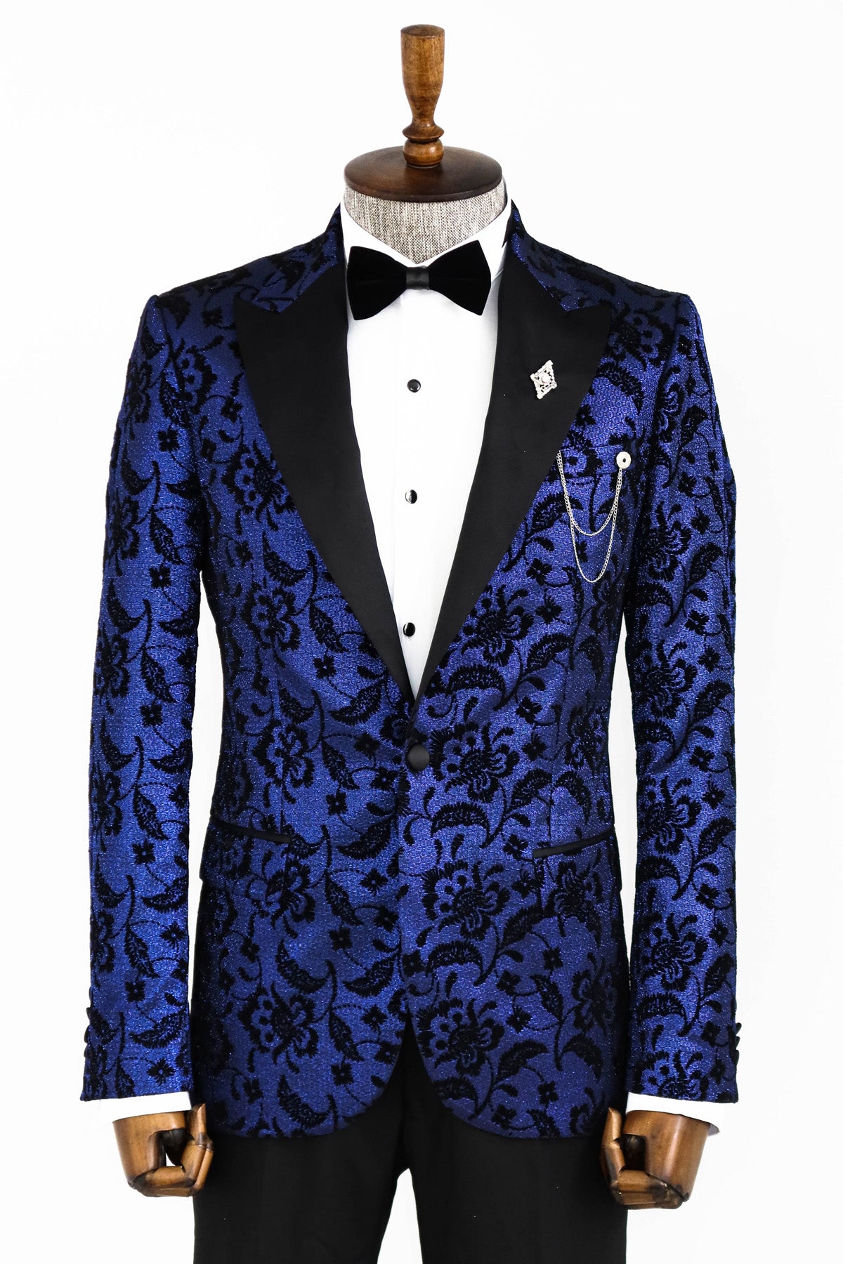 Midnight Blue Men's Sparkle Prom Blazer with Black Floral Design from KCT Menswear, perfect for standing out at prom."
