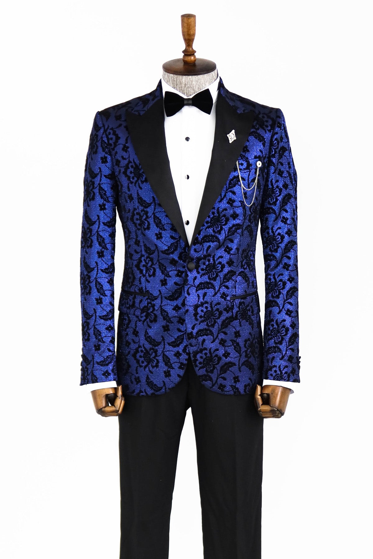 Midnight Blue Men's Sparkle Prom Blazer with Black Floral Design from KCT Menswear, perfect for standing out at prom."