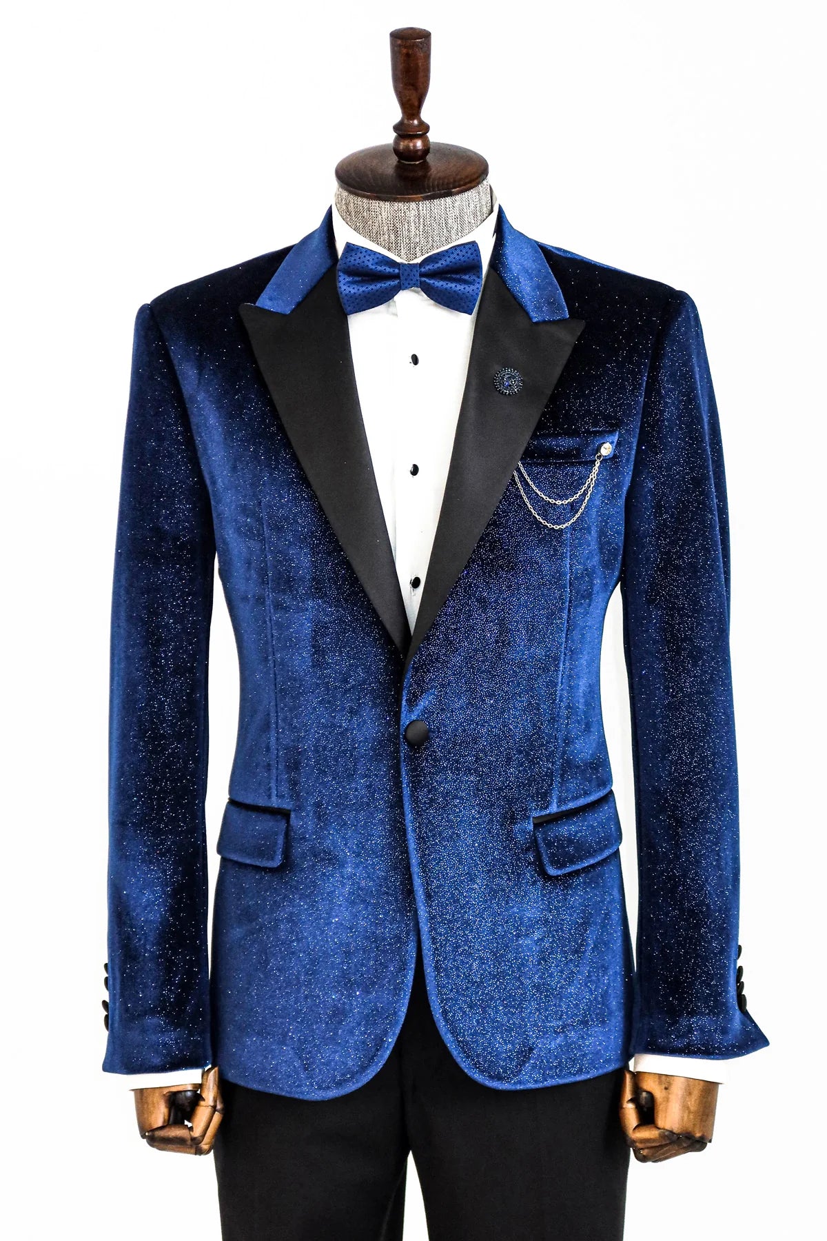 Glitter Midnight Velvet Prom Blazer with Black Satin Lapel on Model