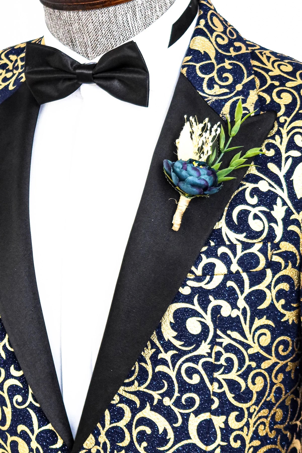 Navy Prom Blazer with Black Satin Notch Lapel and Golden Pattern, perfect for proms and other formal events, available exclusively at KCT Menswear.