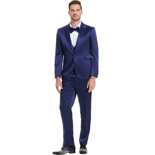 KCT Menswear Shiny Navy Satan Suit - Jacket, Vest, and Pants. Perfect for Proms and Weddings.