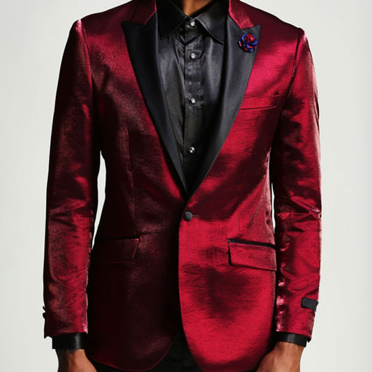 Burgundy Prom Tuxedo Jacket -  Shiny Slim With Black Lapel