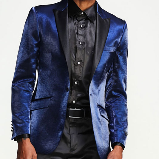 Navy Prom Tuxedo Jacket -  Shiny Slim With Black Lapel