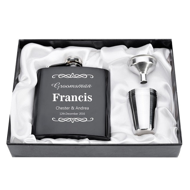 Personalized Engraved  6oz Hip Flask Set Stainless Steel Funnel Gift Box