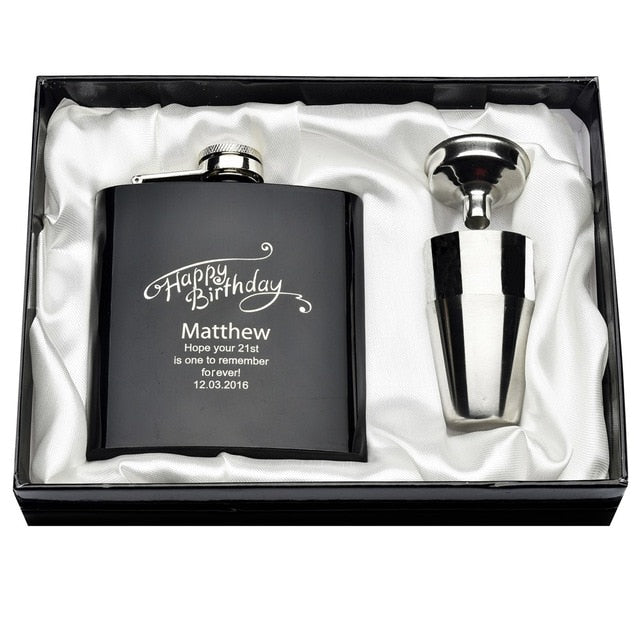 Personalized Engraved  6oz Hip Flask Set Stainless Steel Funnel Gift Box