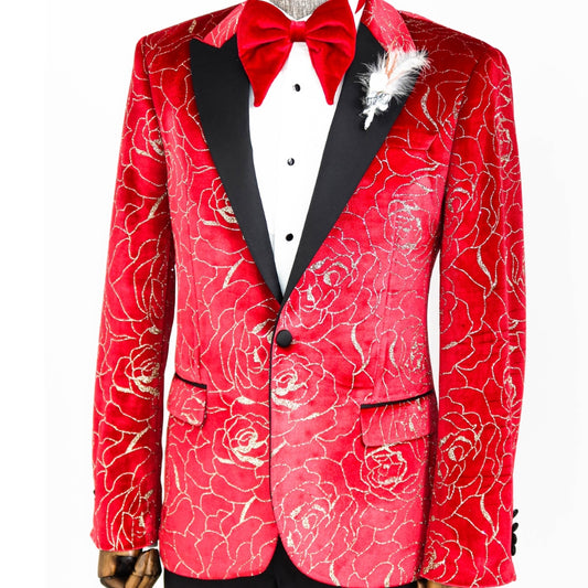 KCT Menswear - Men's Ruby Red Velvet Gold Blazer 