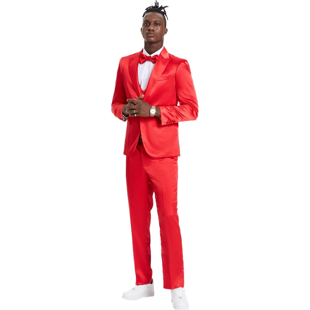 KCT Menswear Shiny Red Satan Suit - Jacket, Vest, and Pants. Perfect for Proms and Weddings.