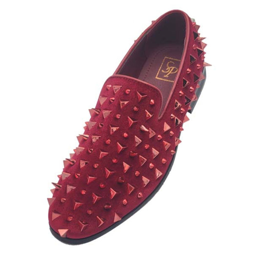 Velvet Red Prom Shoes with Red Pyramid Spikes - KCT Menswear Prom Shoes