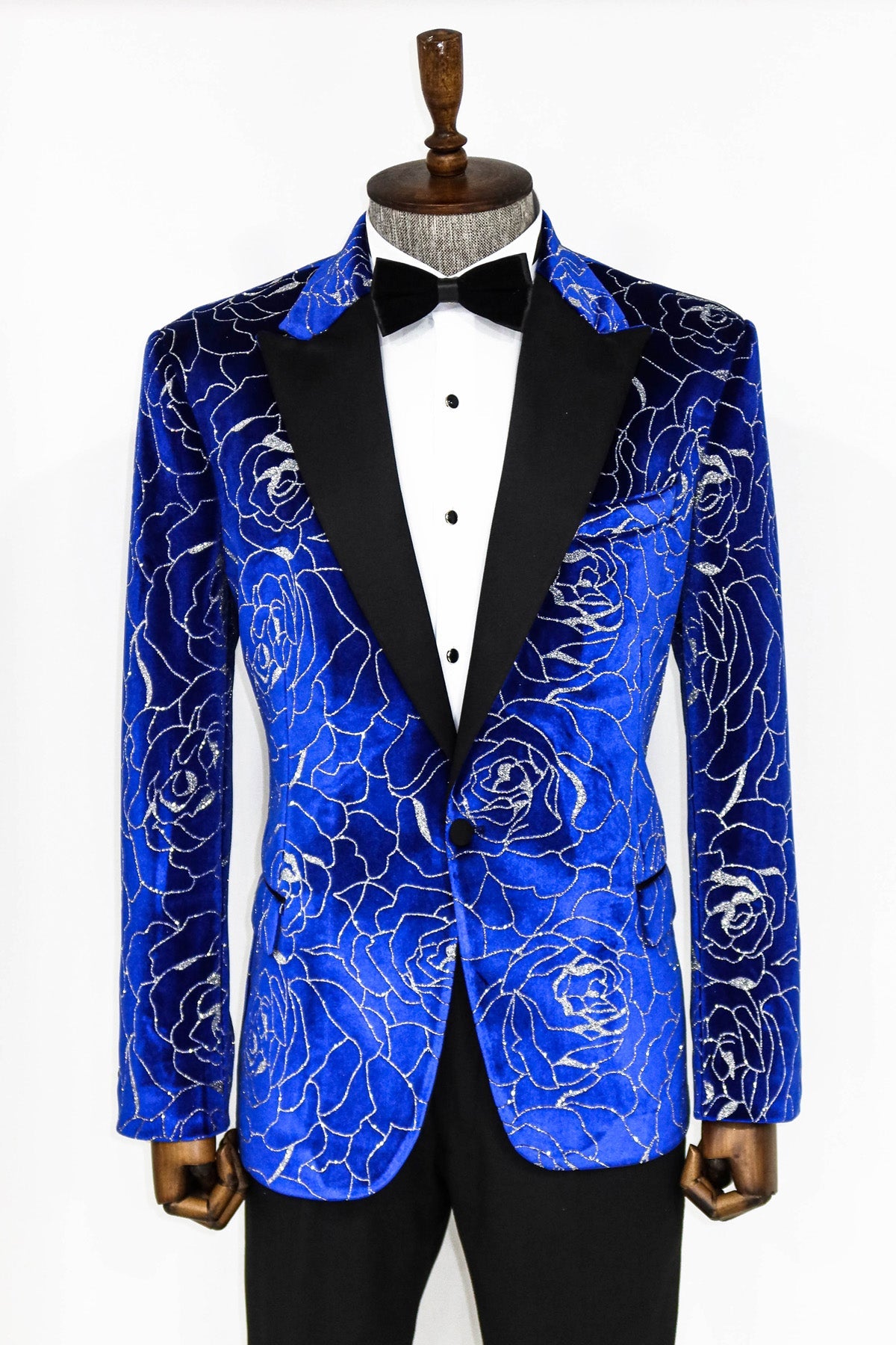 Men's Velvet Royal Blue Shiny Silver Floral Prom Blazer | KCT Menswear ...