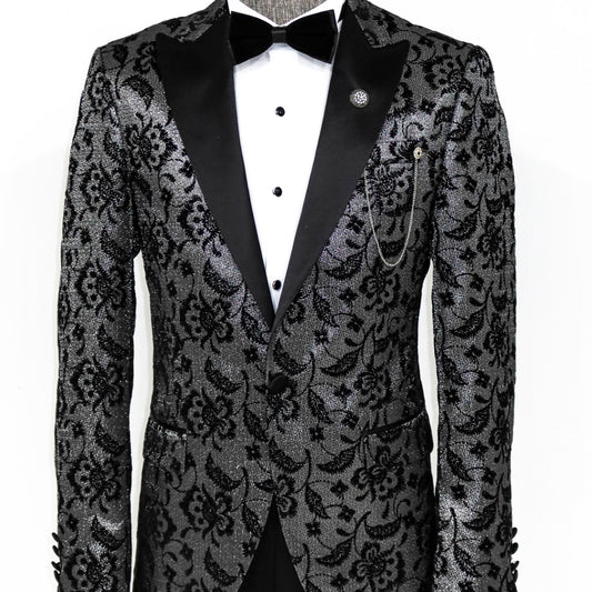 Silver and Black Floral Design Prom Blazer