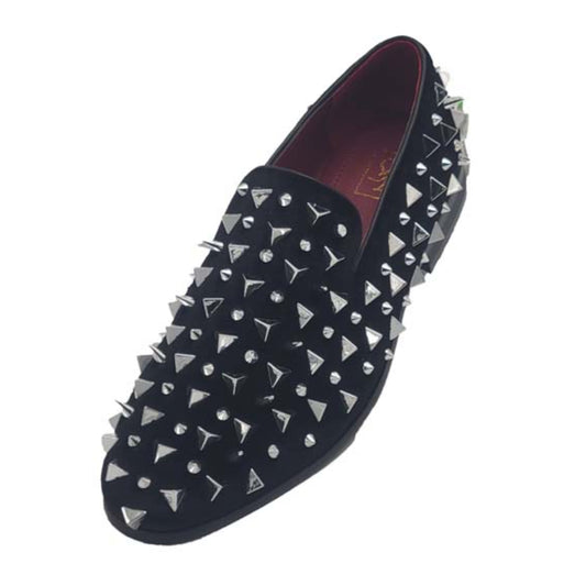 Black velvet prom shoes with Silver pyramid spikes - KCT Menswear Prom Spiked Shoes