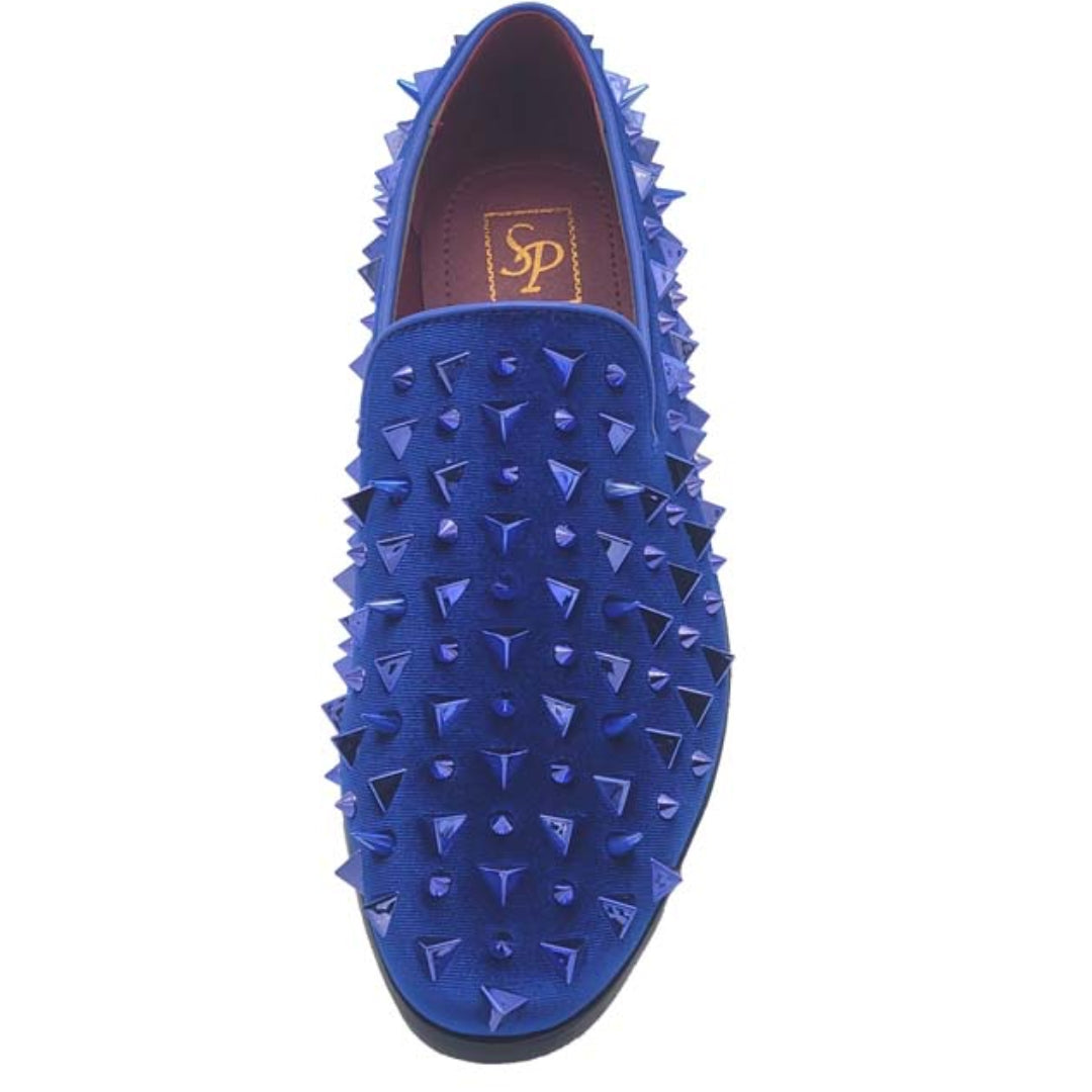 Velvet Royal Blue Prom Shoes with Royal Blue Pyramid Spikes - KCT Menswear Prom Shoes